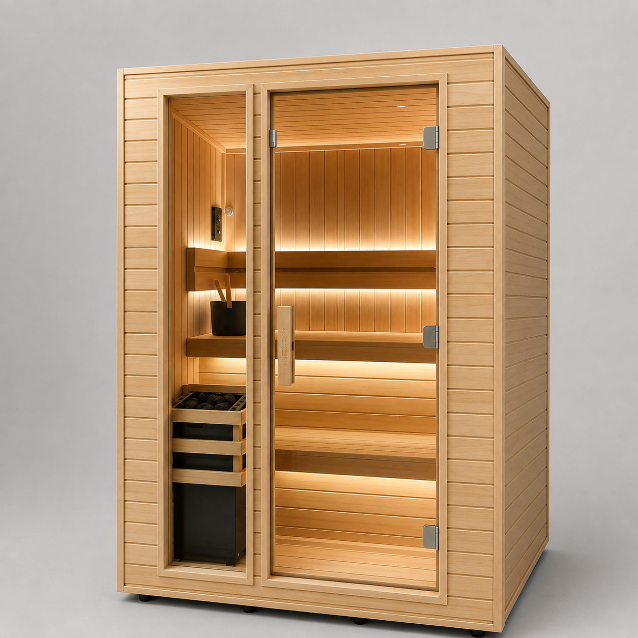 Indoor traditional sauna room with stove and stone tray, Dubai villa installation