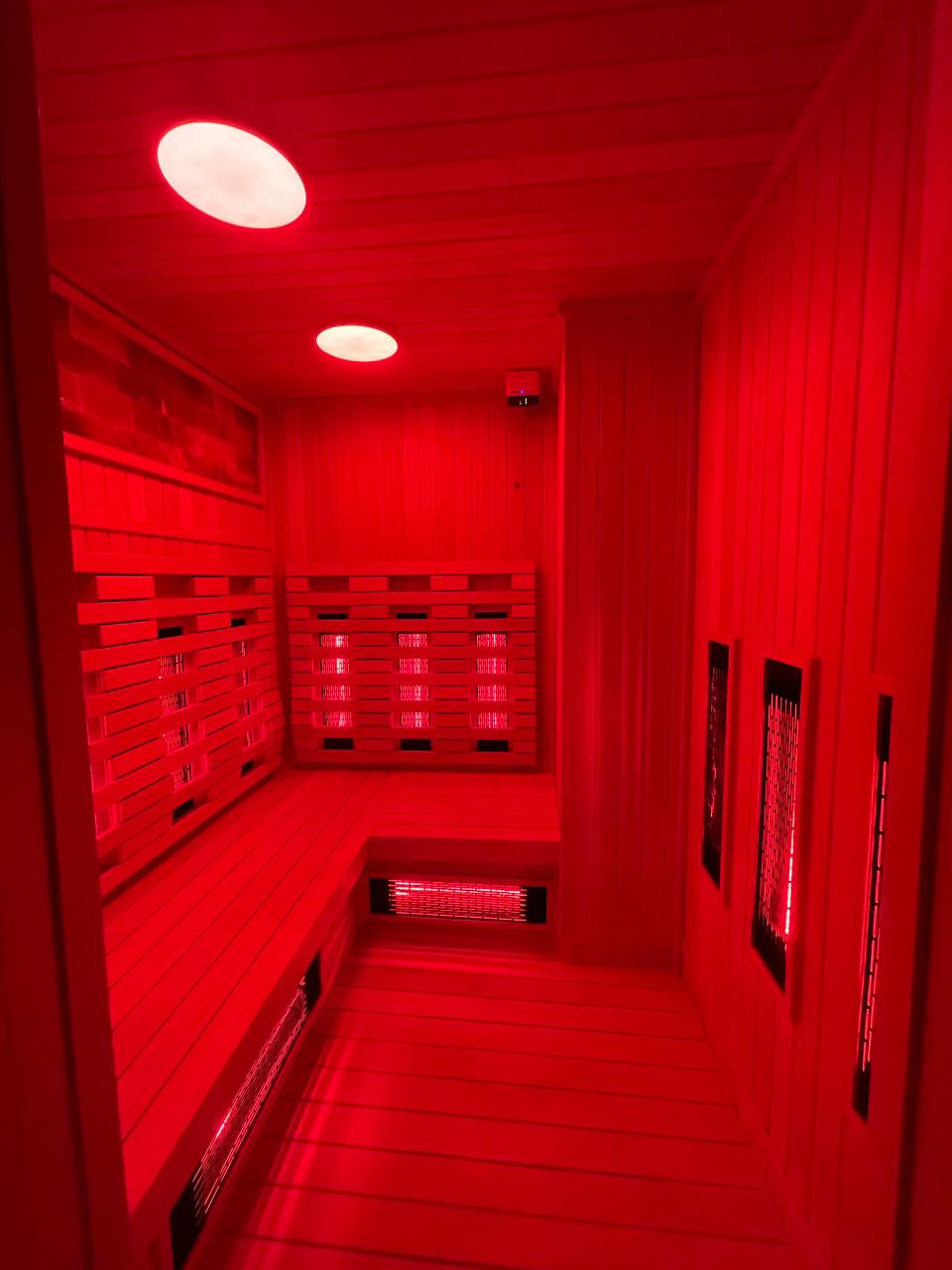 Red light therapy add-on for saunas
